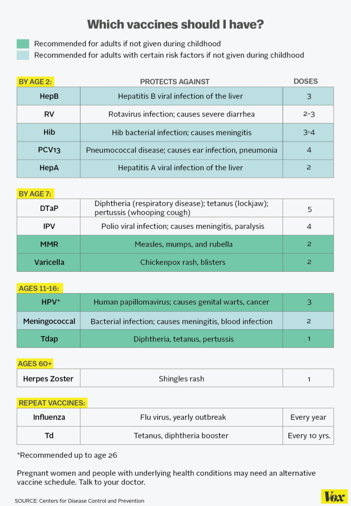 Every Vaccine You Should Have As An Adult In One Chart Vox - Vaccine Booster Schedule For Adults