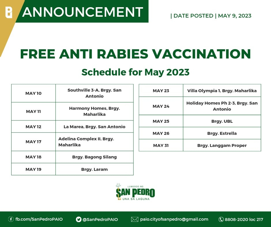 Free Anti Rabies Vaccination Schedule For May 2023 City Of San Pedro  - Anti Rabies Vaccine Dose Schedule