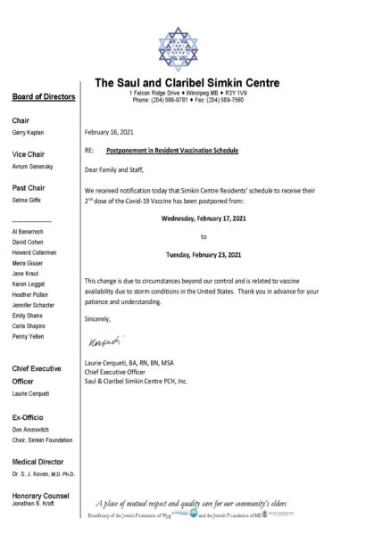 The Saul Claribel Simkin Centre Postponement In Resident  - Manitoba Vaccination Schedule