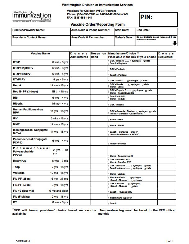 VFC Vaccine Order Form Blank  - West Virginia Vaccine Schedule